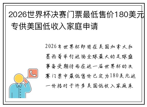 2026世界杯决赛门票最低售价180美元 专供美国低收入家庭申请 2026世界杯决赛门票最低售价180美元 专供美国低收入家庭申请
