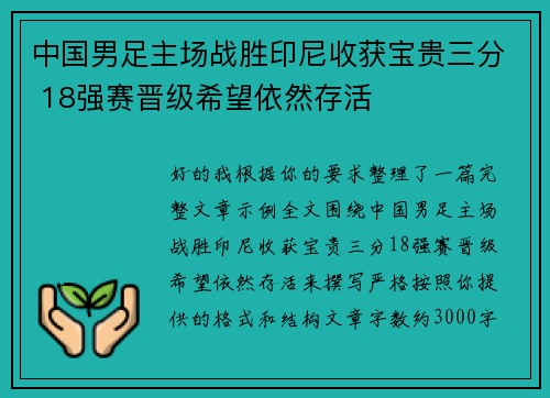 中国男足主场战胜印尼收获宝贵三分 18强赛晋级希望依然存活